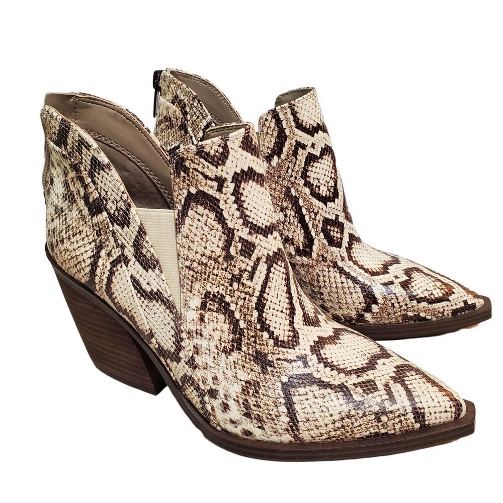 VINCE CAMUTO Gradina Sz 6.5/37 Snake Print Leather Bootie Block Heel Ankle Boots